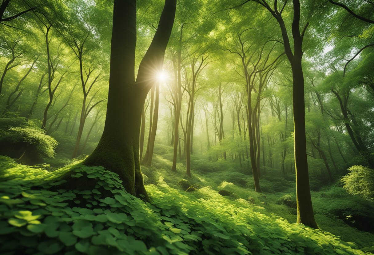 A lush forest with ginkgo biloba trees, surrounded by small animals and birds, with a sense of tranquility and natural beauty