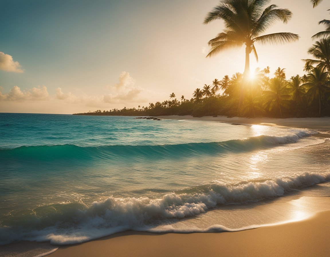 The sun sets over the palm-lined shore of Dorado Beach, casting a warm glow on the turquoise waters and golden sand. A gentle breeze rustles the leaves as waves gently lap against the shore