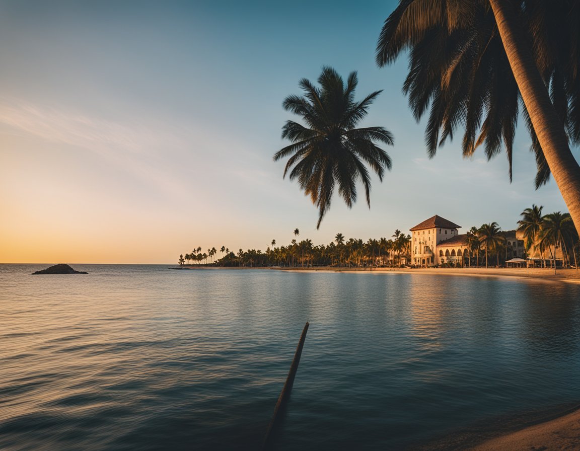 The sun setting over the tranquil waters of Dorado Beach, with palm trees swaying in the gentle breeze and the historic buildings in the background