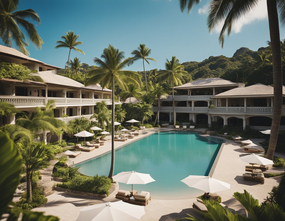 A lush beachfront resort with palm-lined pools, tennis courts, and luxury villas nestled among historic ruins and tropical gardens