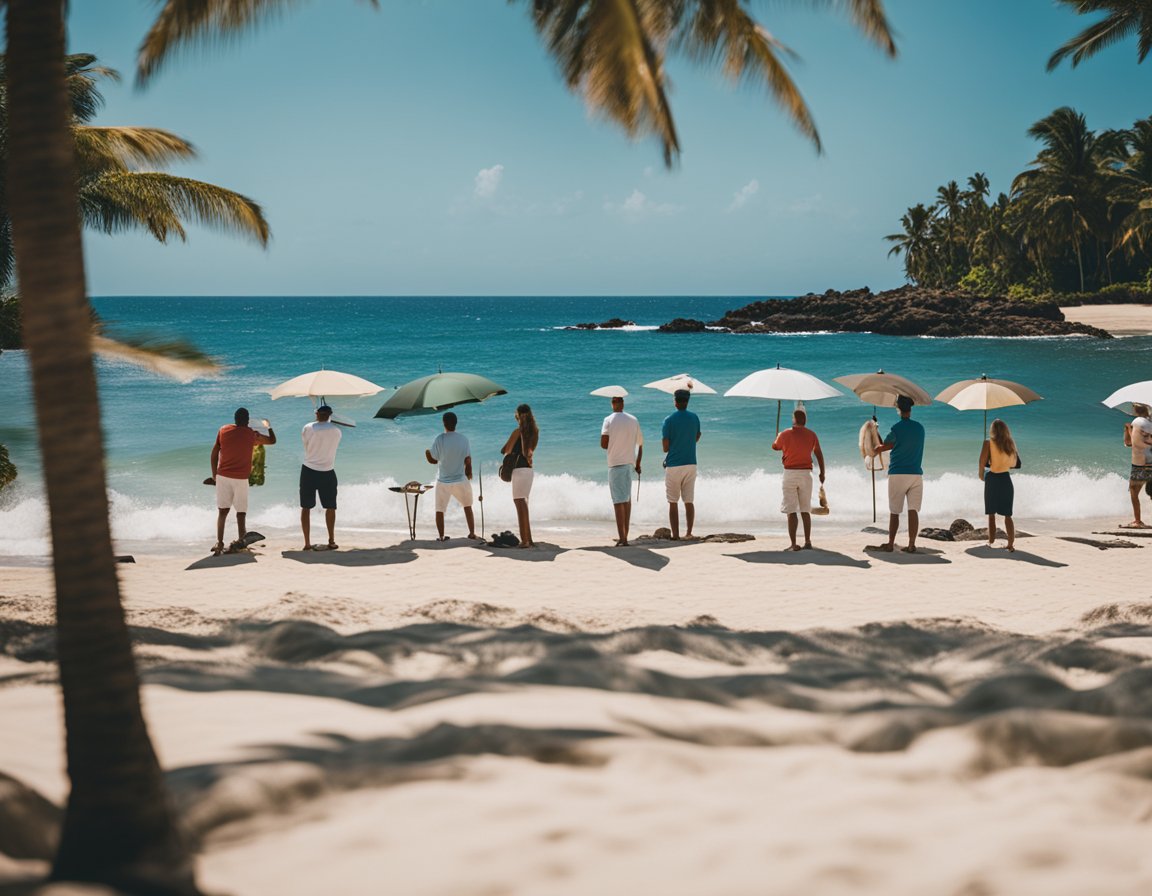 People playing golf, swimming, and sunbathing on the beach at Dorado Beach