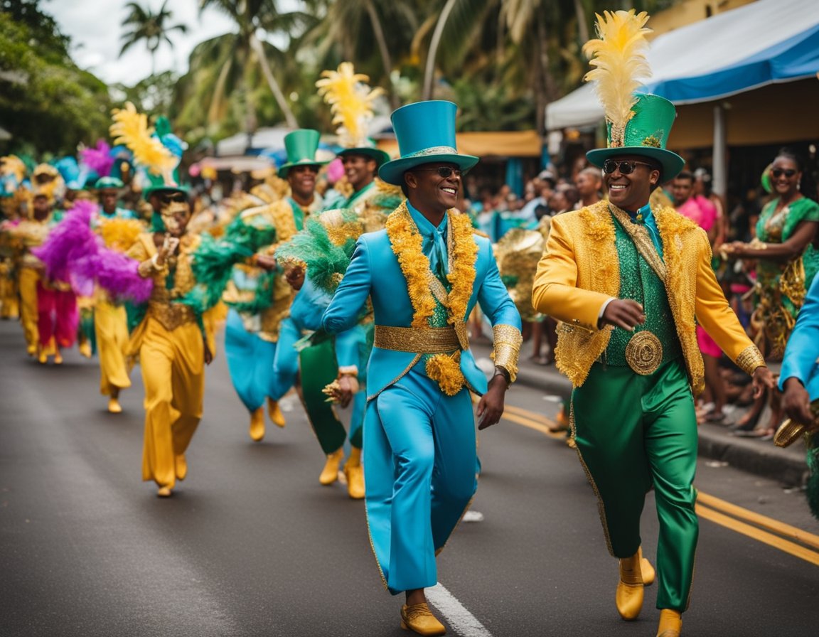 A vibrant parade of colorful floats and dancers, accompanied by lively music, winds its way through the streets of Dorado Beach, marking the rich history of events and celebrations in the community