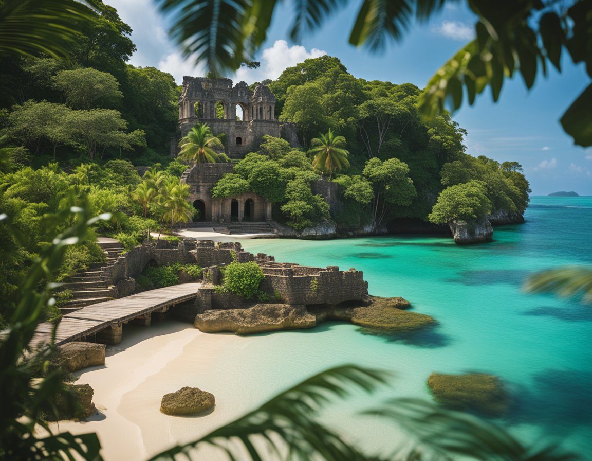 A lush, tropical landscape with ancient ruins and artifacts scattered throughout, surrounded by crystal-clear waters and golden sandy beaches