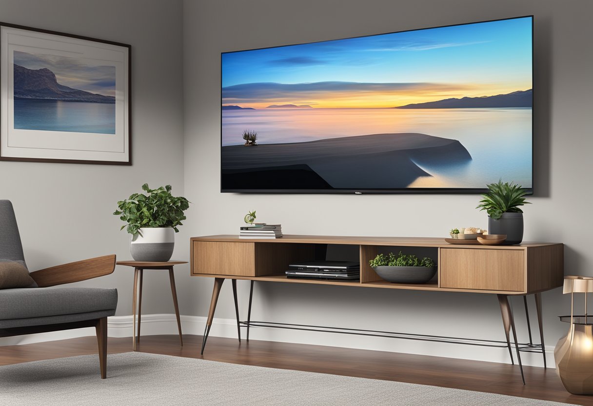 A TV and commercial display side by side in a modern living room setting, both turned on and showing different content