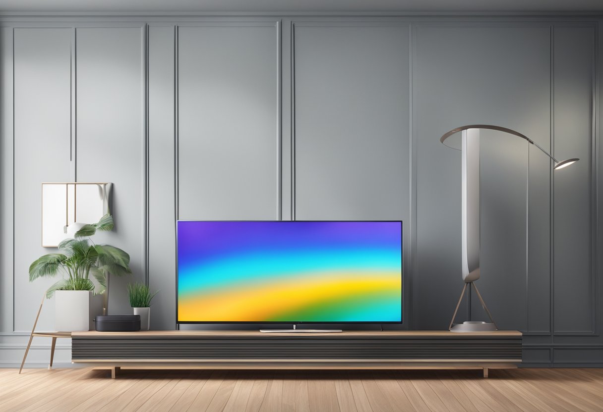 A TV and commercial display side by side, showing vibrant colors and sharp images. The TV has a sleek design, while the commercial display is larger and mounted on a stand
