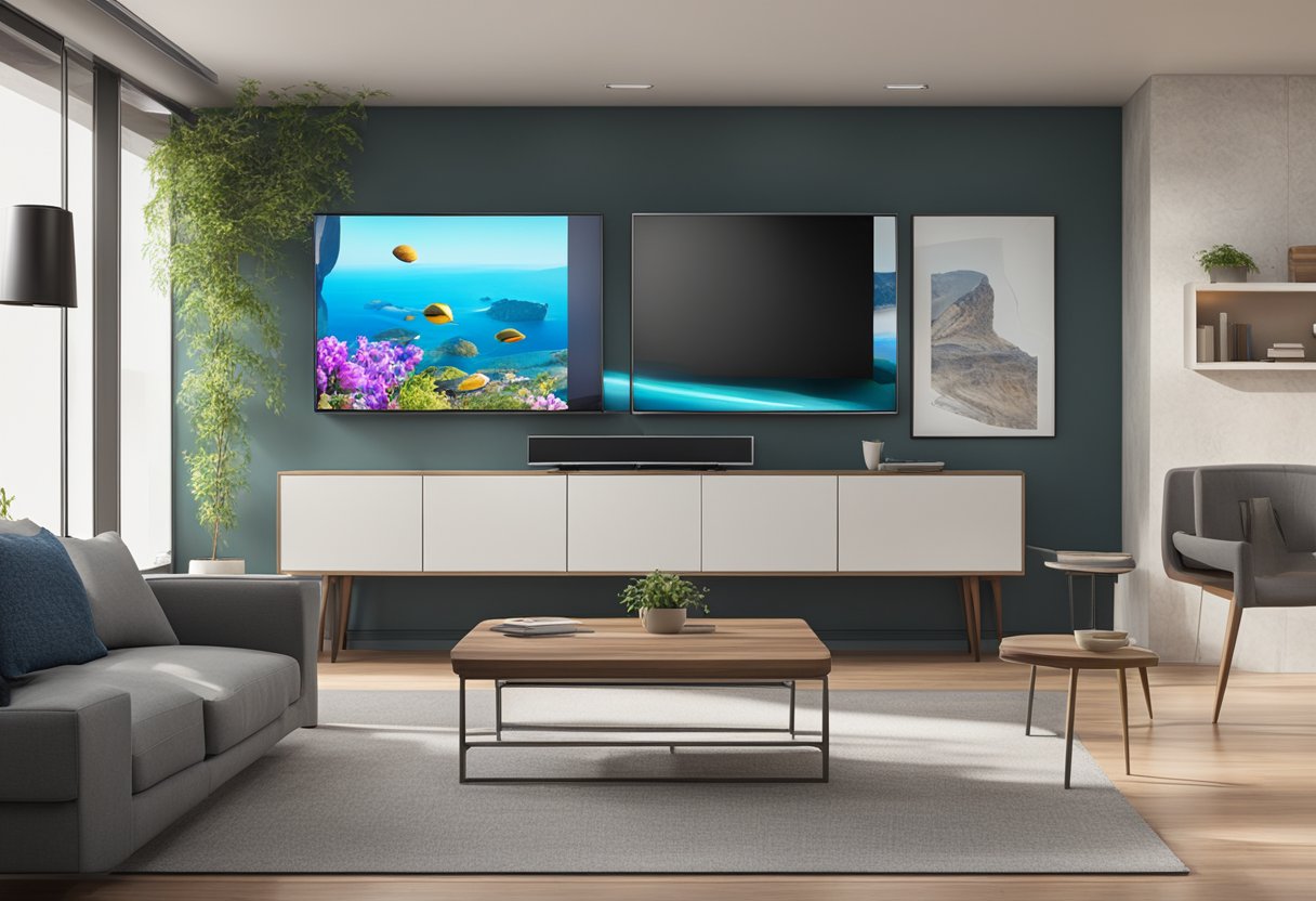 A TV and commercial display side by side, each showing different content. The TV is in a living room setting, while the commercial display is in a retail environment
