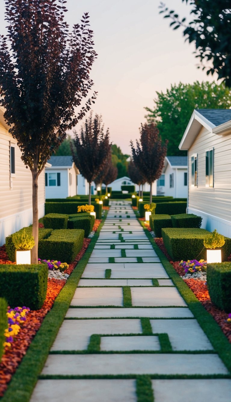A row of mobile homes surrounded by colorful flower beds, trimmed hedges, and small trees, with neatly laid stone pathways and decorative outdoor lighting