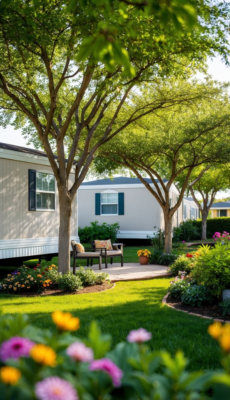 Native trees provide shade for mobile homes, with colorful flowers and lush greenery. A cozy seating area is nestled among the trees, creating a tranquil and inviting outdoor space