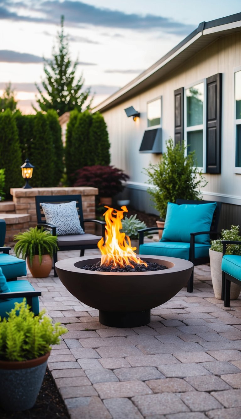 A fire pit surrounded by hardscaping, with potted plants, outdoor seating, decorative lighting, and a small water feature in a mobile home landscaping