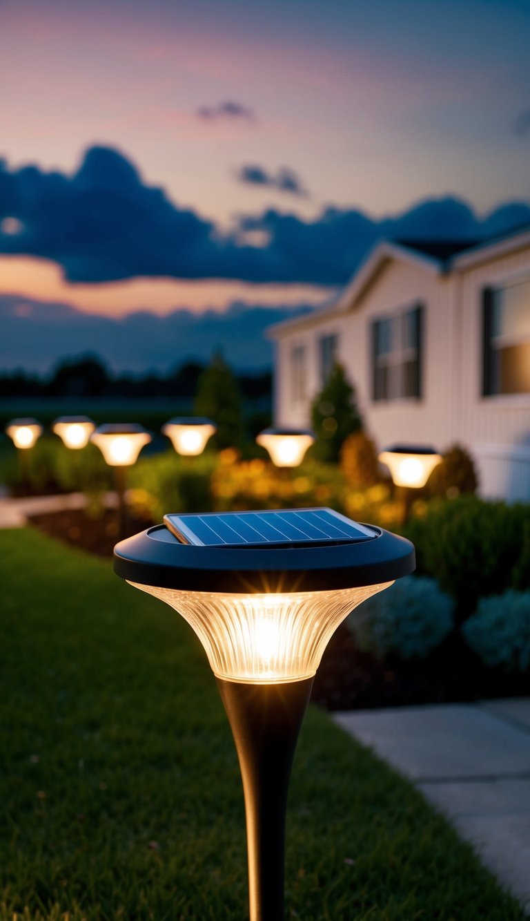 Solar garden lights illuminate mobile home landscaping at dusk