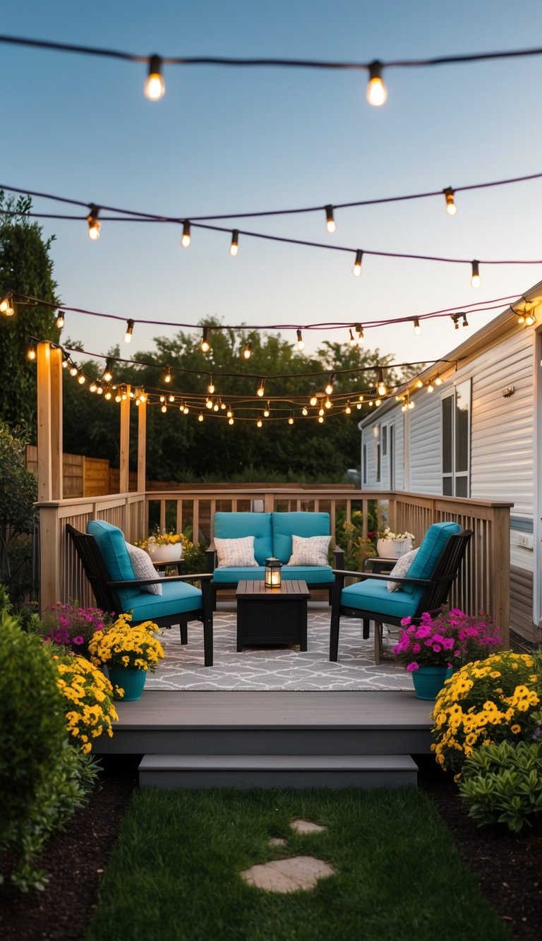 A cozy deck with string lights and outdoor furniture surrounded by colorful flowers and shrubs, set against a backdrop of a mobile home