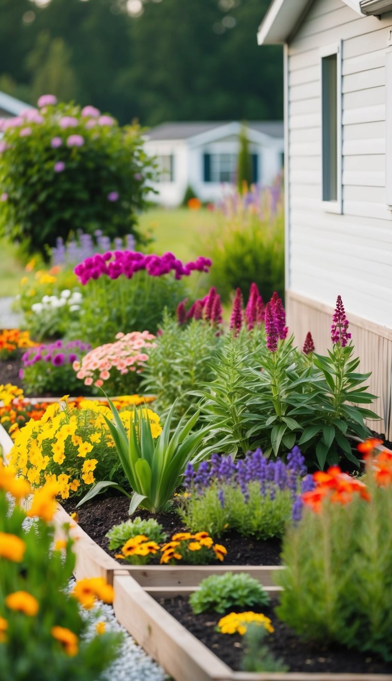 Colorful perennials fill flower beds around a mobile home, creating a vibrant and inviting landscape
