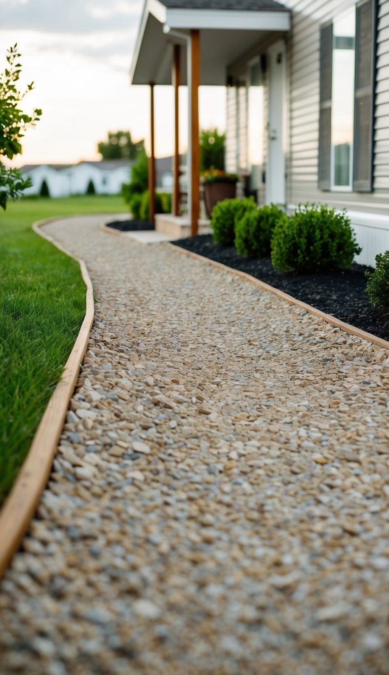 Gravel pathways wind through mobile home landscaping, adding texture and brightness to the outdoor space