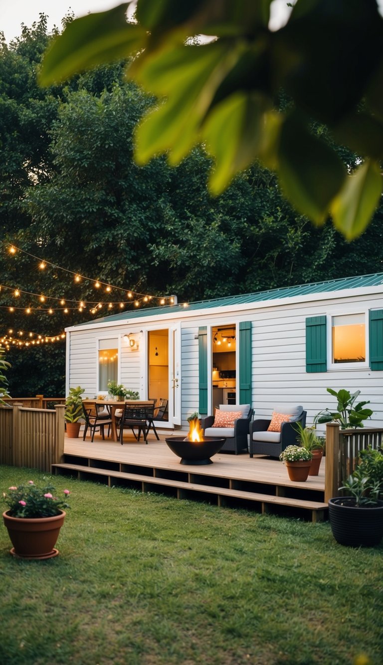 A mobile home surrounded by lush greenery, with a cozy outdoor seating area and a small fire pit. A wooden deck extends from the home, adorned with potted plants and string lights