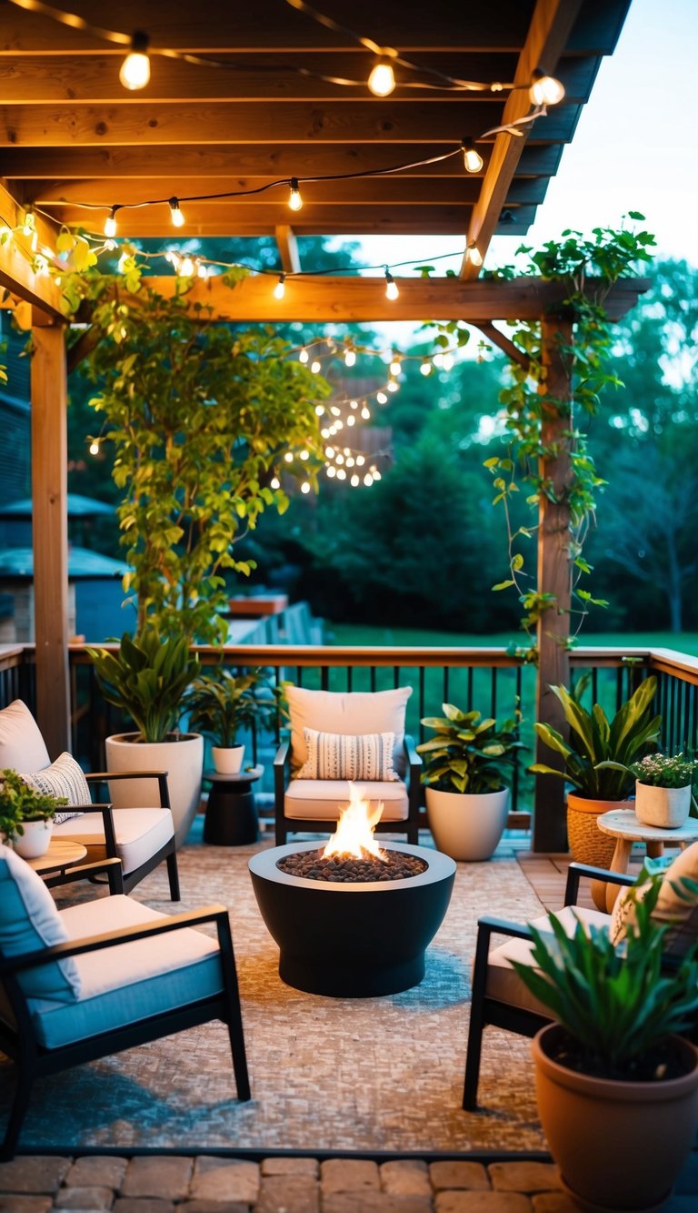 A cozy patio with string lights, potted plants, comfortable seating, a small fire pit, and a wooden pergola with climbing vines