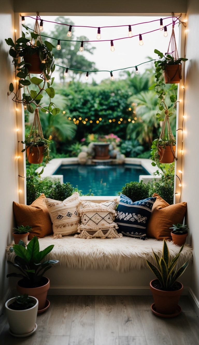 A cozy nook with boho pillows, surrounded by potted plants and string lights, overlooking a lush garden and a tranquil water feature