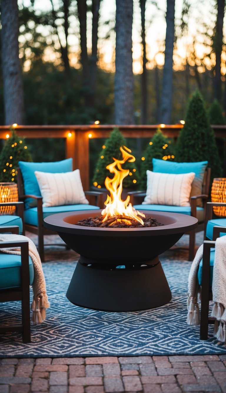 A cozy fire pit surrounded by comfortable seating on a patio, with warm lighting and blankets for chilly evenings