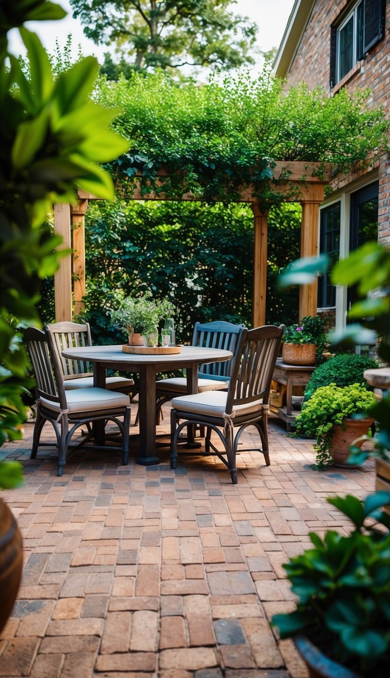 A cozy patio with textured brick pavers, surrounded by lush greenery and rustic furniture, creating a warm and inviting outdoor space