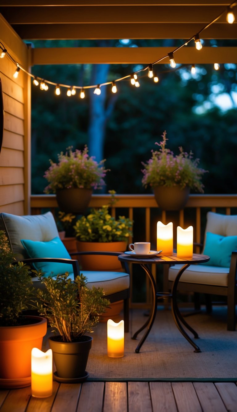 LED candles illuminate a cozy outdoor patio, casting a warm glow on potted plants, comfortable seating, and a small table set for two