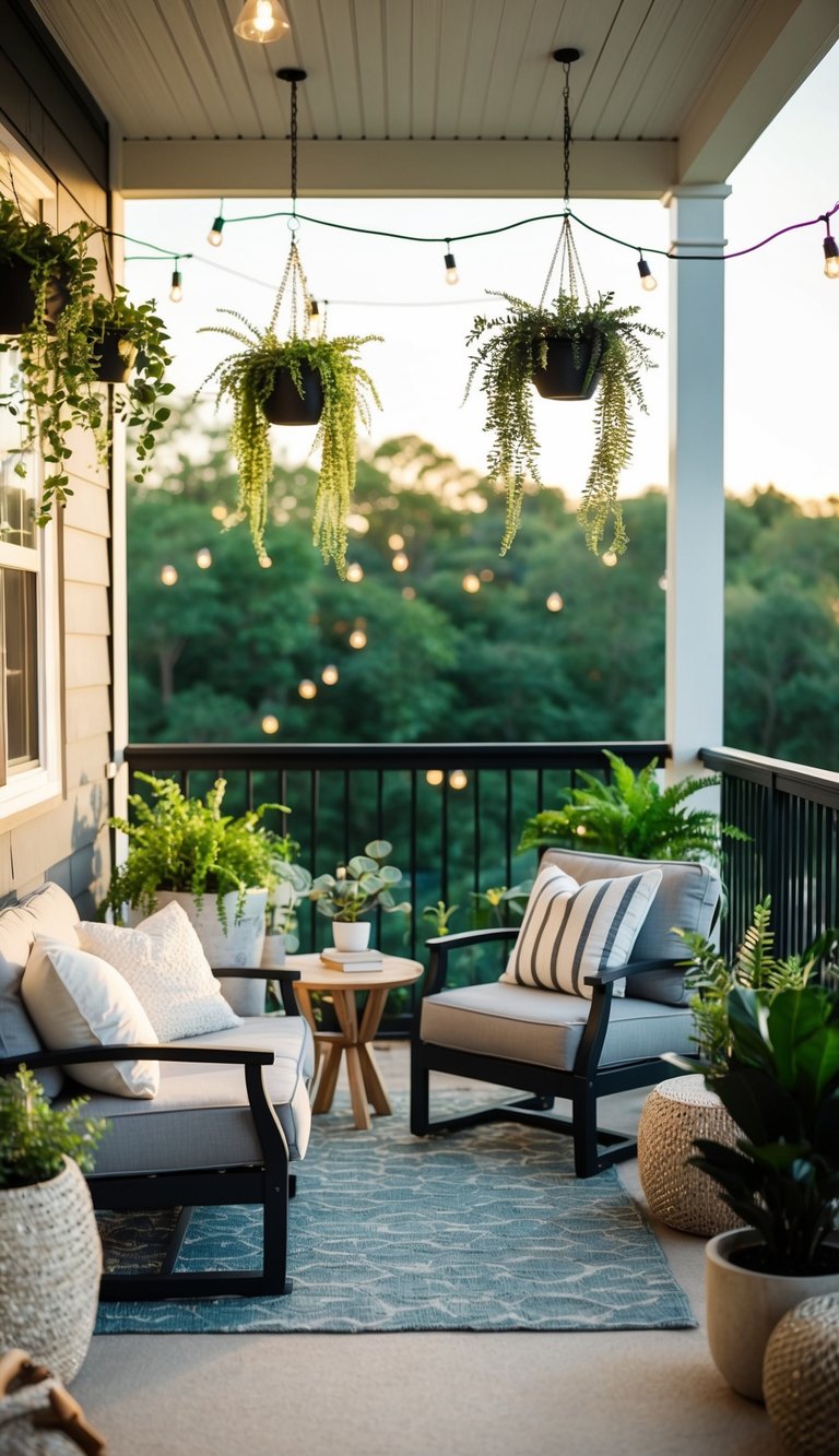 A cozy patio with hanging plants and faux greenery, surrounded by comfortable seating and soft lighting