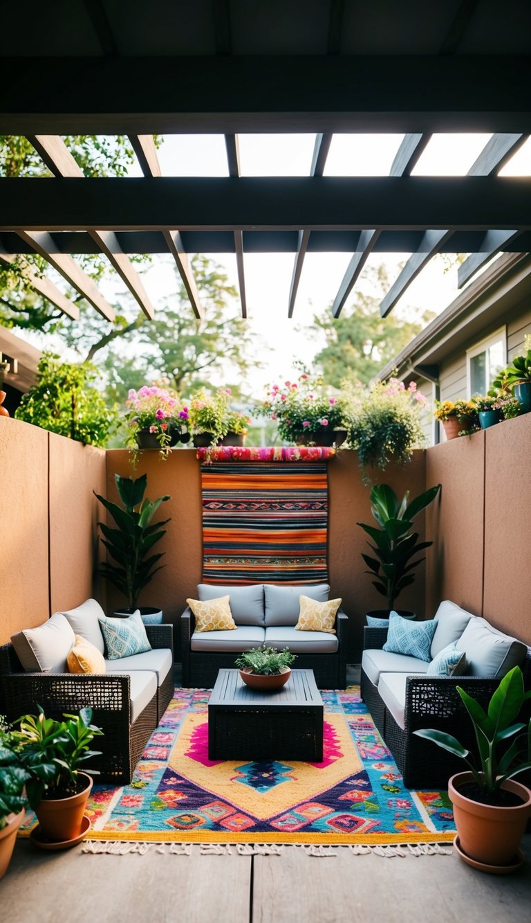 A cozy outdoor patio with defined spaces using colorful rugs, surrounded by potted plants and comfortable seating areas
