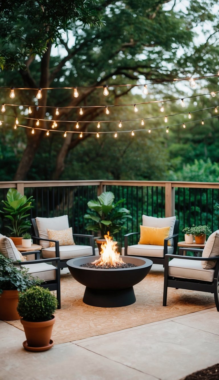 A cozy outdoor patio with a fire pit, string lights, comfortable seating, potted plants, and a view of lush greenery