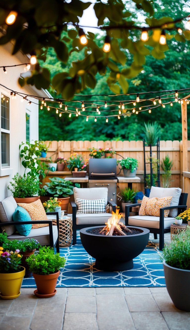 A patio with colorful potted plants, cozy outdoor furniture, string lights, a fire pit, and a DIY herb garden