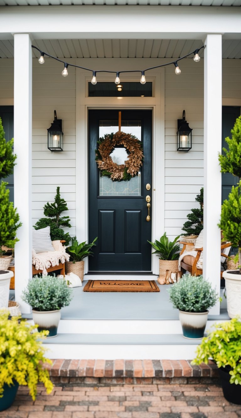 A front porch with potted plants, cozy seating, a welcome mat, hanging lights, and a decorative wreath on the door