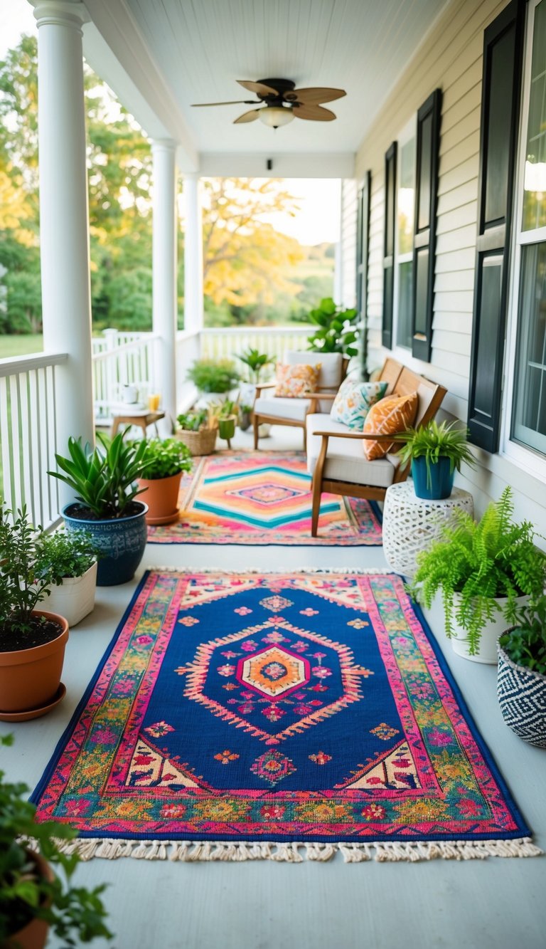 A vibrant outdoor rug adds a pop of color to a front porch, surrounded by potted plants and a cozy seating area