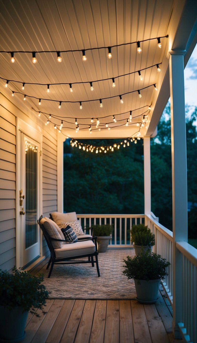 String lights hang across a cozy front porch, casting a warm glow over the seating area and creating a welcoming ambiance