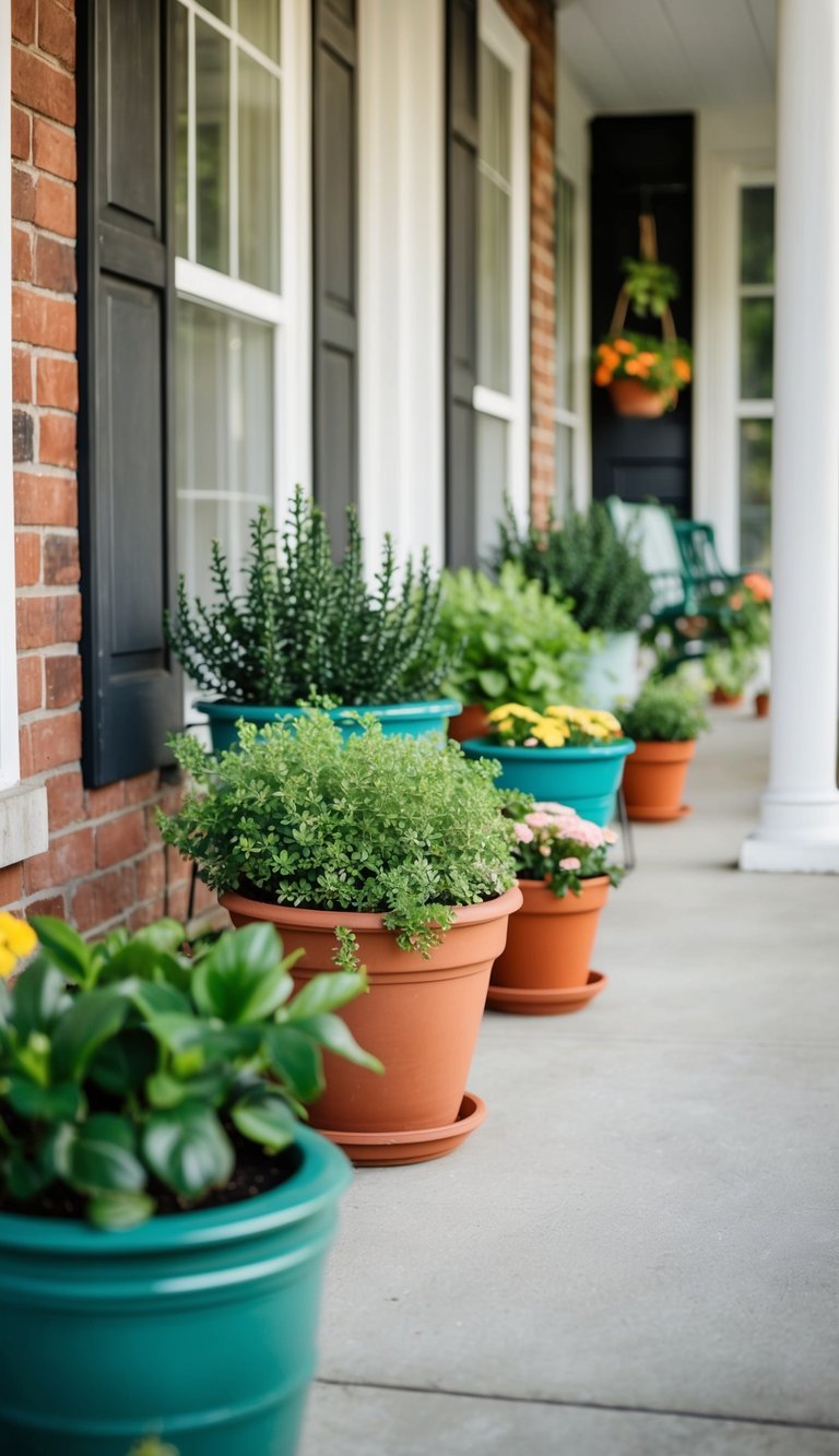 Potted plants line a front porch, adding greenery and color to the space