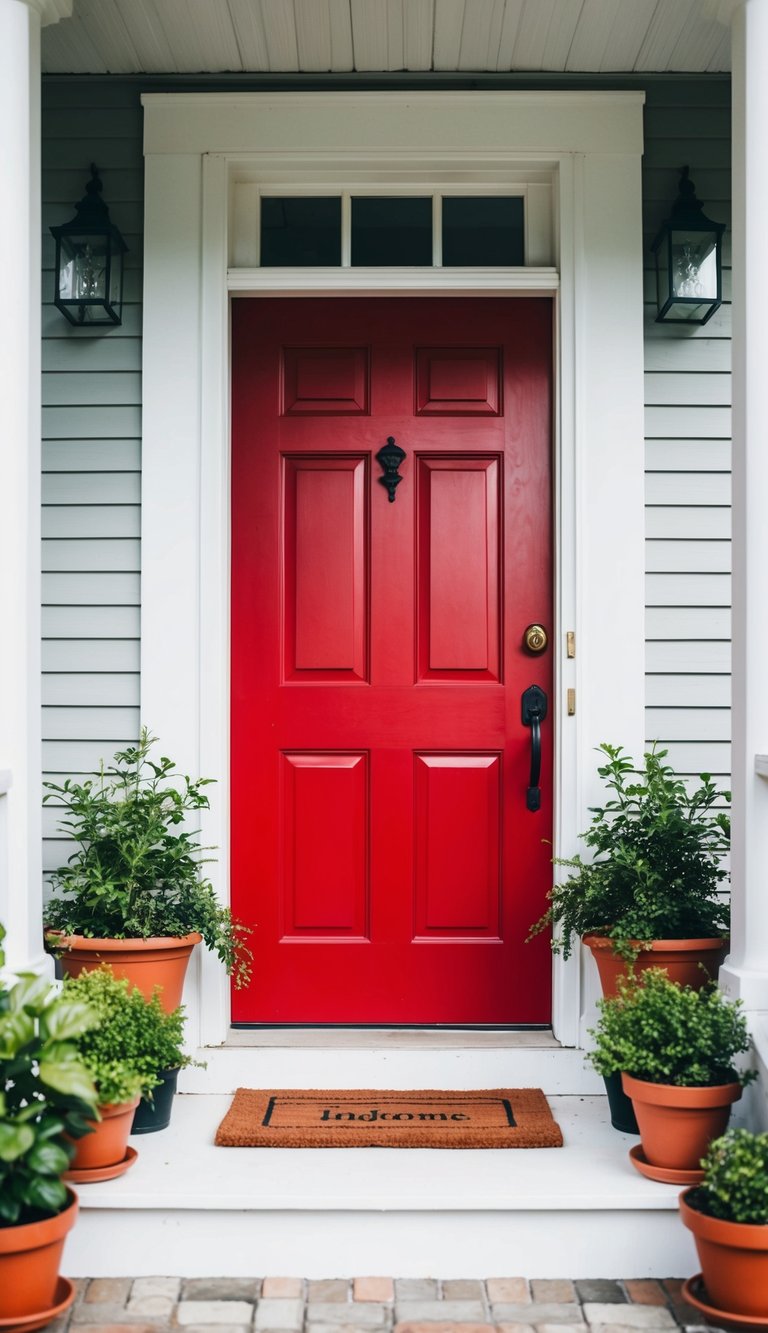 A bright red front door stands out against a white porch, flanked by potted plants and a welcoming doormat
