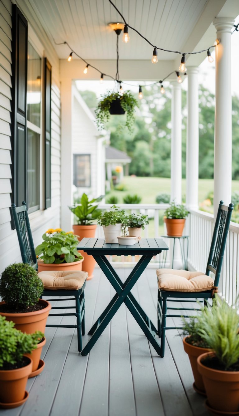 A small table with chairs on a front porch, surrounded by potted plants and string lights