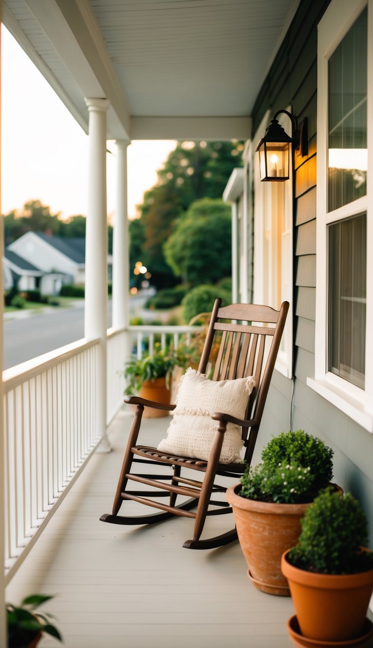 A cozy front porch with a rocking chair, potted plants, and warm lighting, set against a backdrop of a serene neighborhood