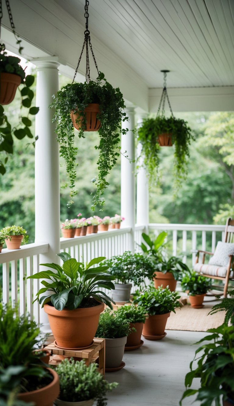 Lush potted plants and hanging greenery adorn a cozy porch, creating a serene and inviting atmosphere