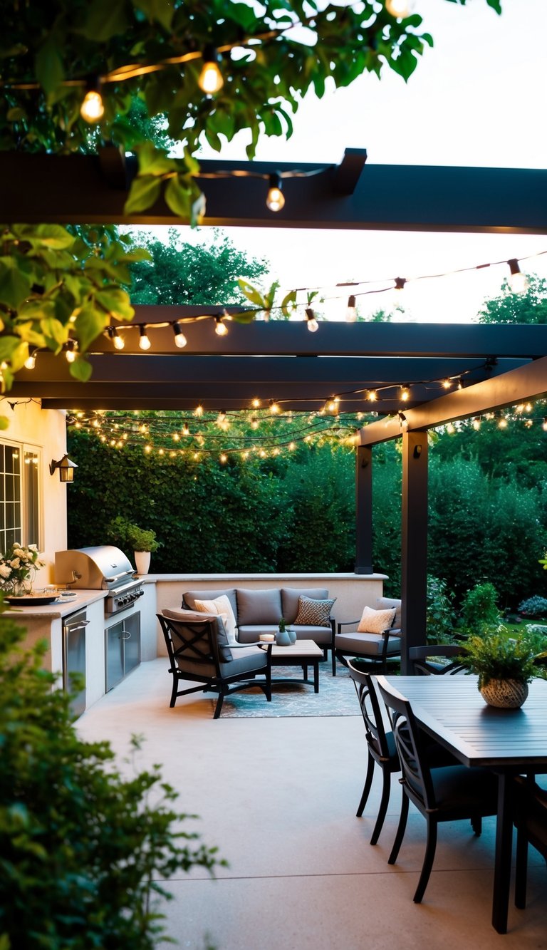 A patio with a pergola, outdoor kitchen, and cozy seating area surrounded by lush greenery and string lights