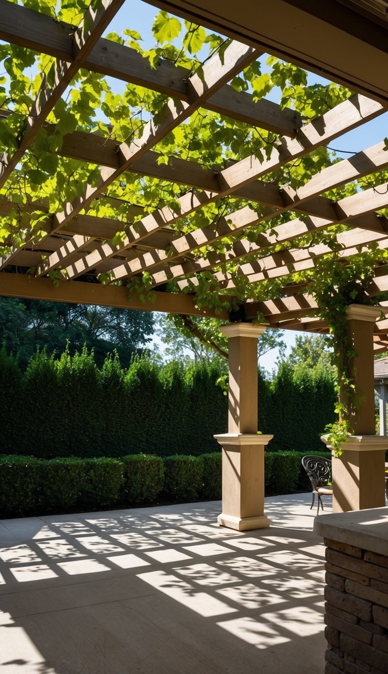 A pergola stands over a patio, casting dappled shadows. Vines climb the wooden structure, adding a touch of natural elegance to the outdoor space