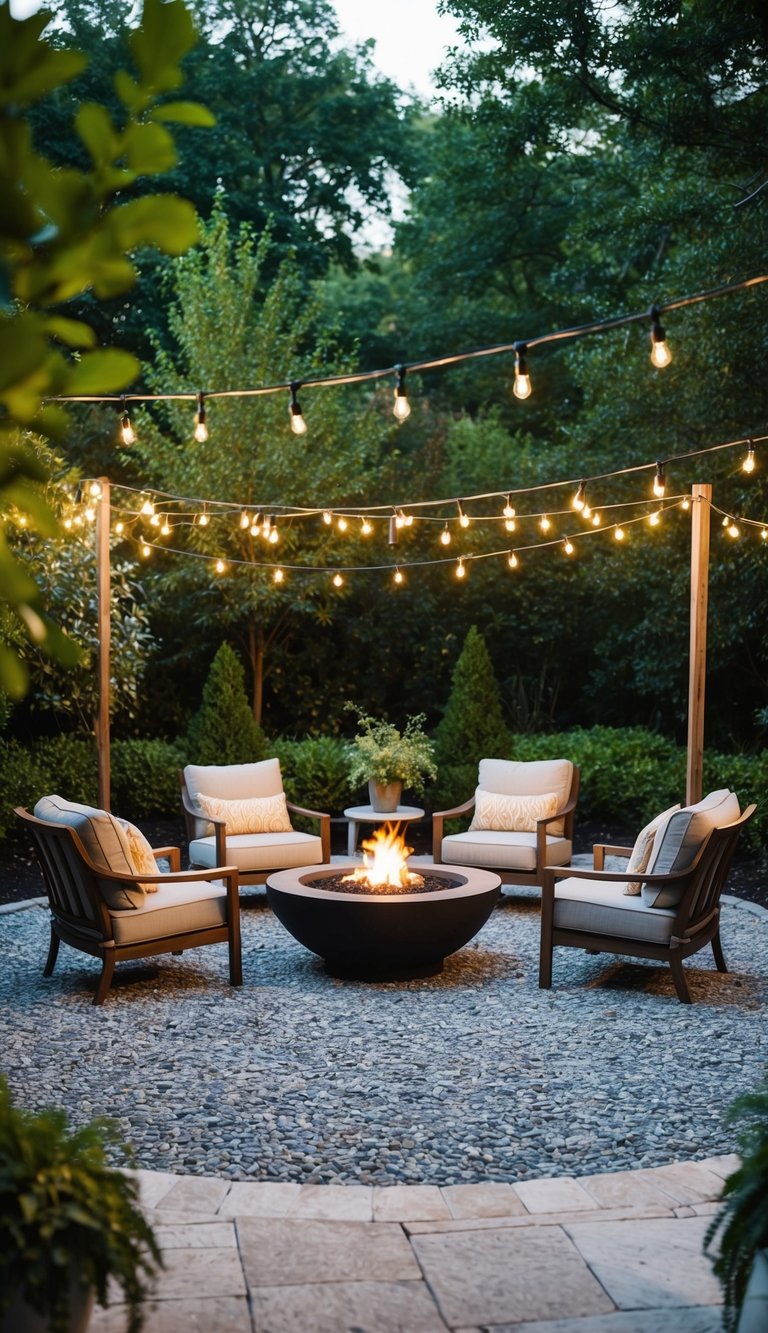 A gravel patio area surrounded by lush greenery and accented with cozy outdoor furniture, string lights, and a fire pit