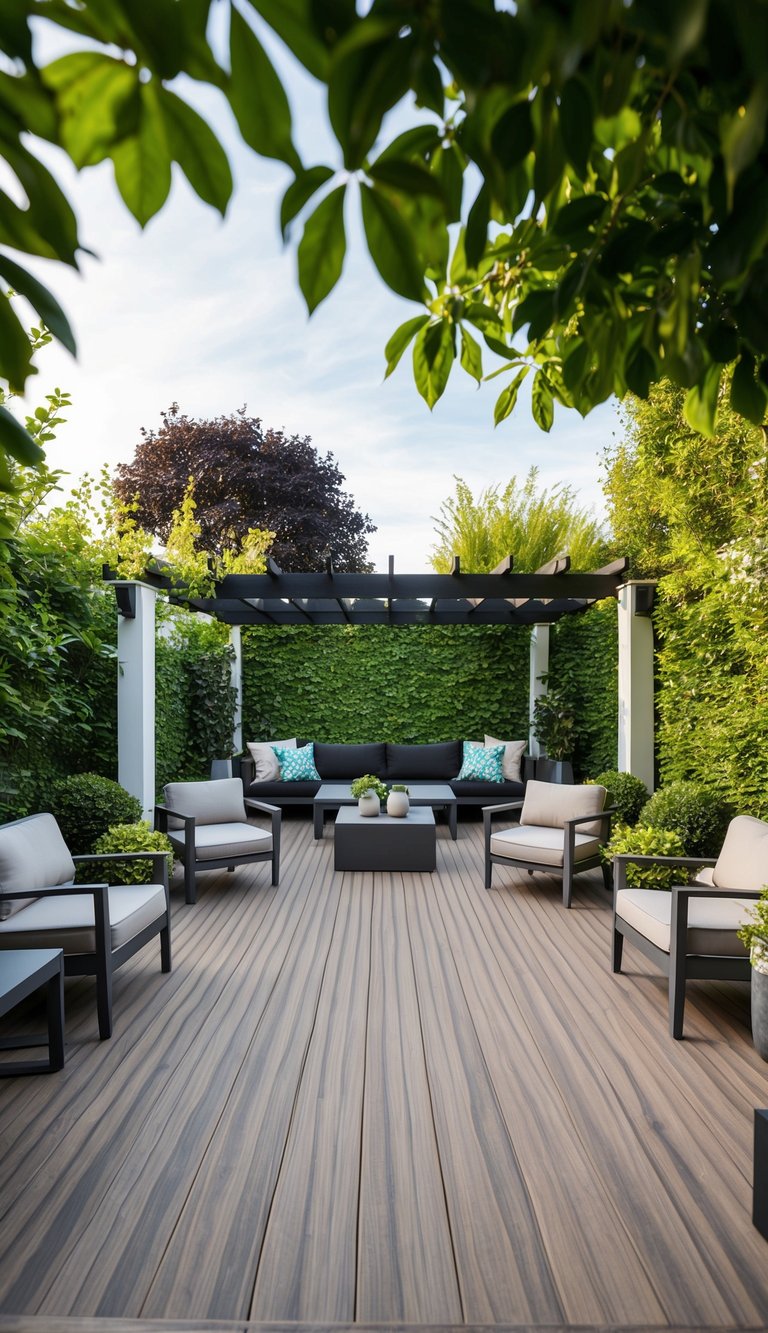A spacious outdoor patio with six unique composite decking designs, surrounded by lush greenery and modern furniture