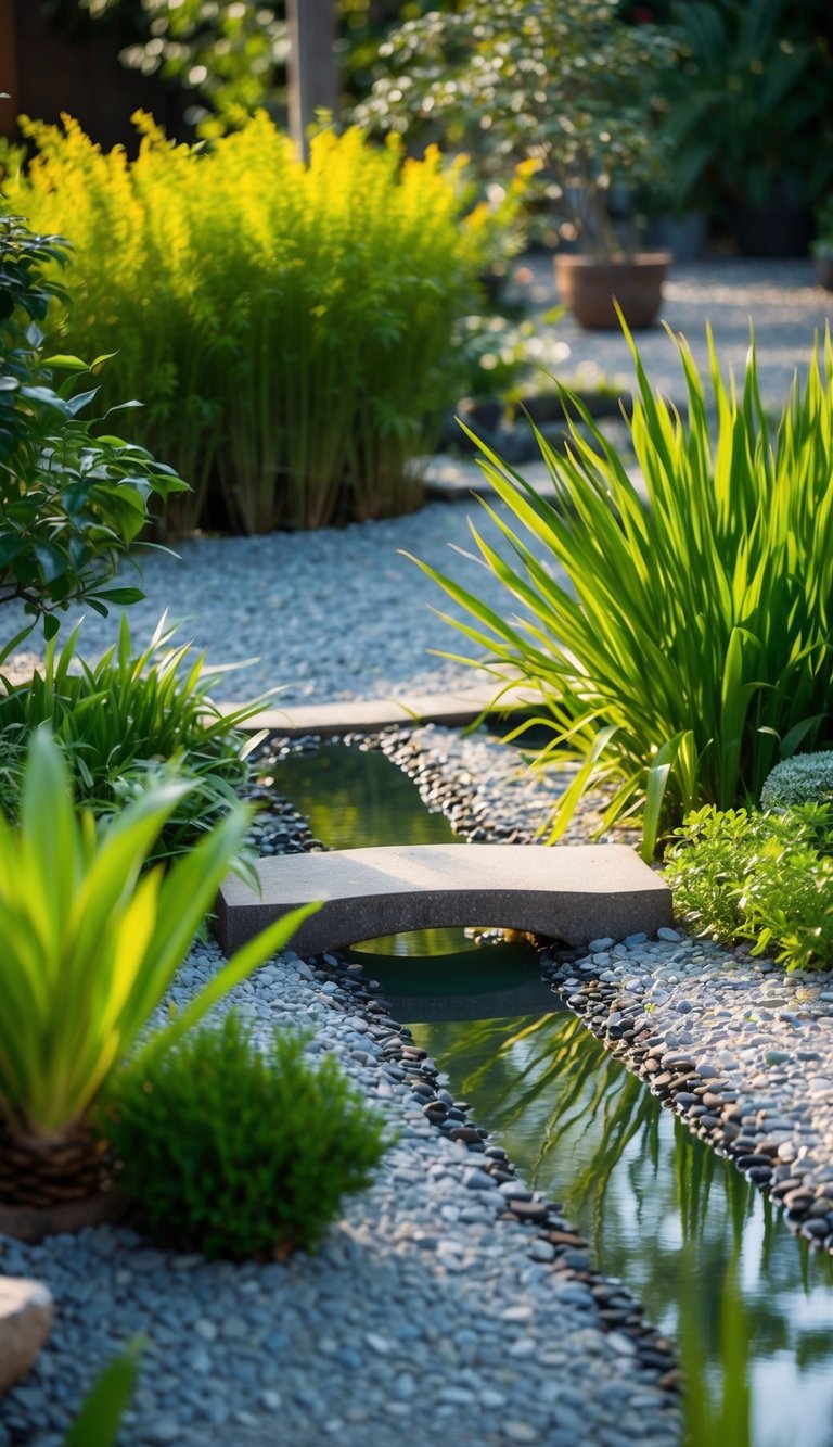 A serene Zen garden with a small bridge over a tranquil pond, surrounded by carefully raked gravel and a variety of lush green plants