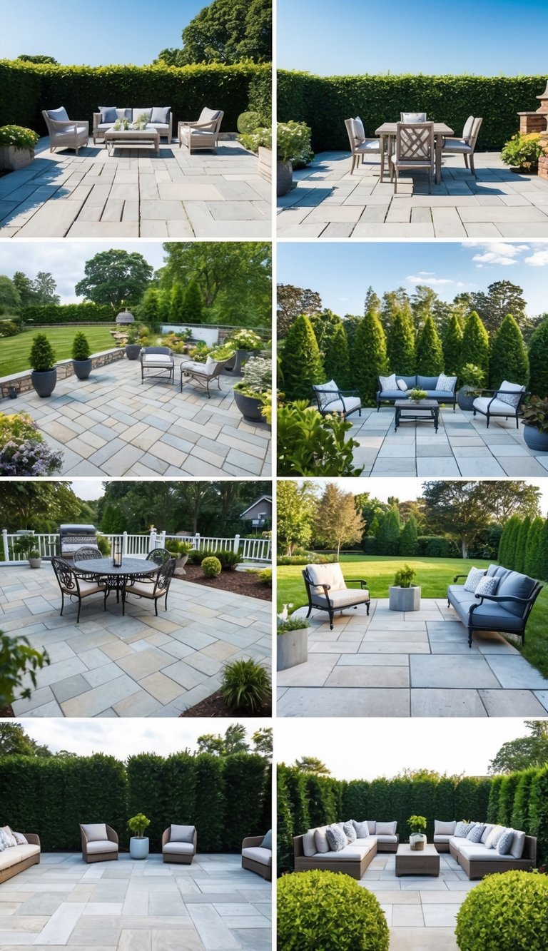 A paved patio with six different classic design ideas showcased, surrounded by greenery and outdoor furniture