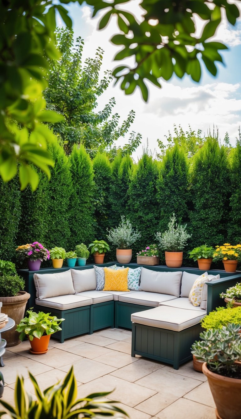 A cozy outdoor patio with built-in seating surrounded by lush greenery and colorful potted plants
