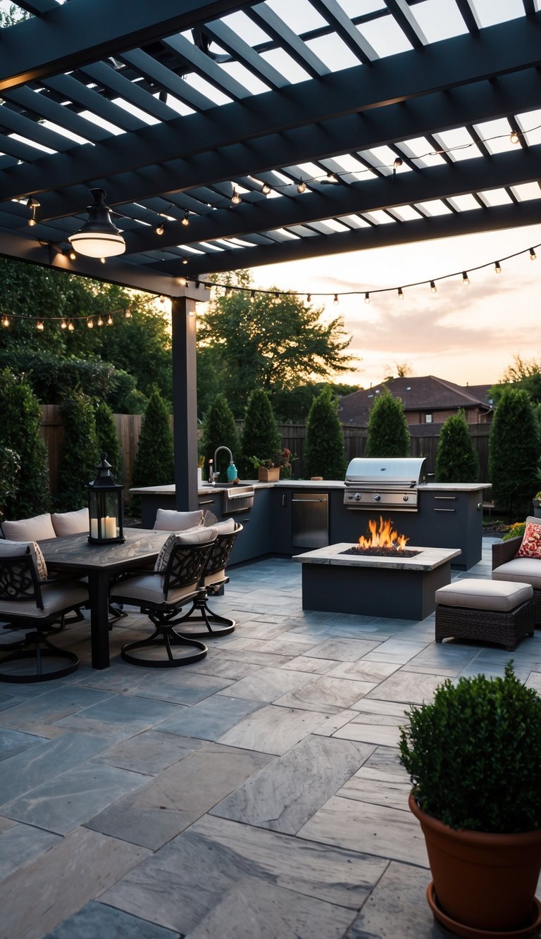 A spacious patio with a variety of extension ideas including a pergola, outdoor kitchen, fire pit, seating area, and decorative lighting