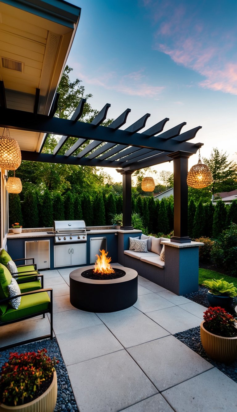A patio with various extension ideas: pergola, outdoor kitchen, fire pit, seating area, planters, and decorative lighting