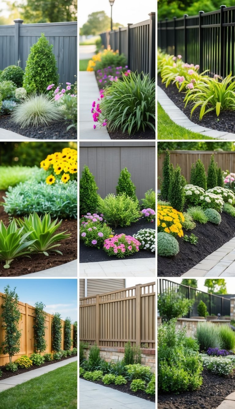 A row of six different landscaping designs along a fence line. Each area features unique plants, flowers, and decorative elements