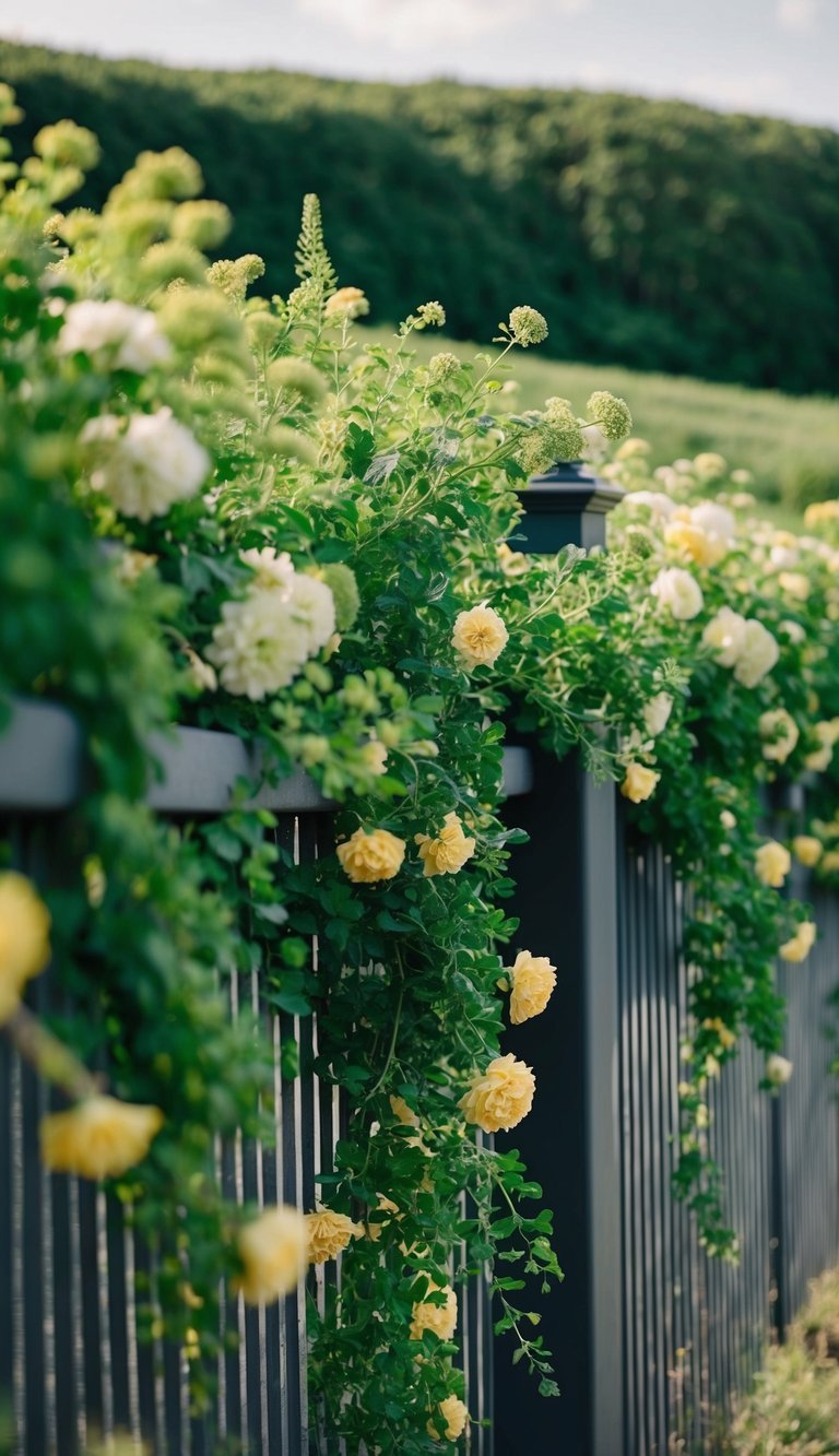Lush greenery and flowers cascade along a fence, creating layers of depth and texture in the landscape