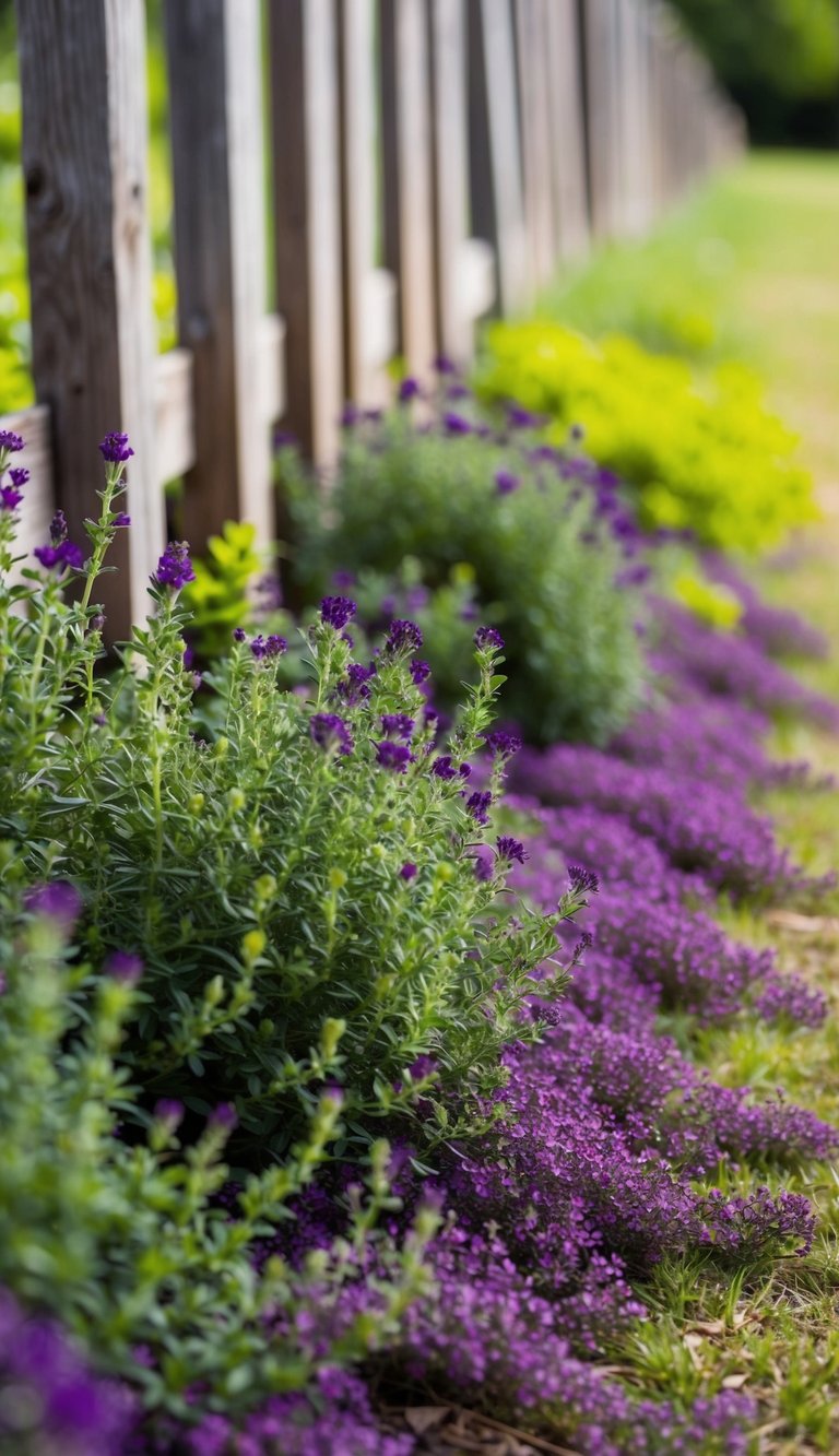 Creeping thyme blankets the ground beneath a wooden fence, with pops of purple and green creating a lush and vibrant border