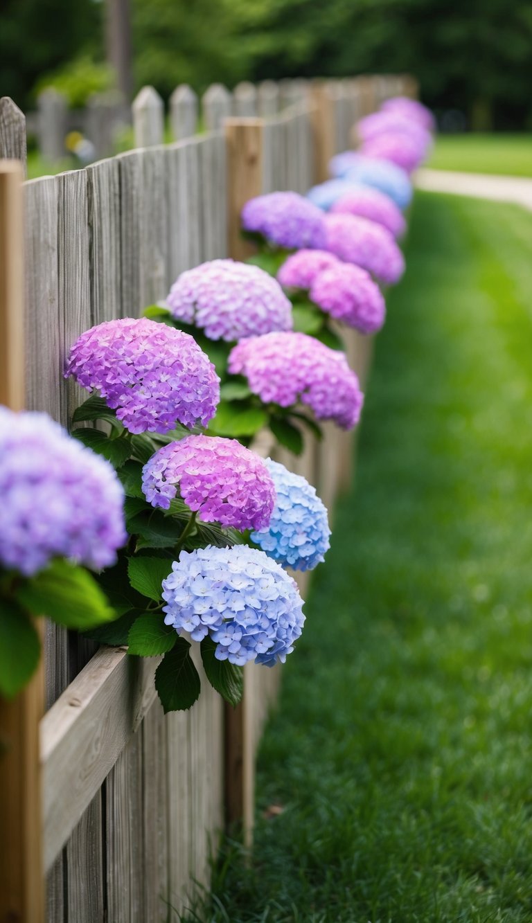 A row of vibrant hydrangeas lining a wooden fence, adding color to the landscape