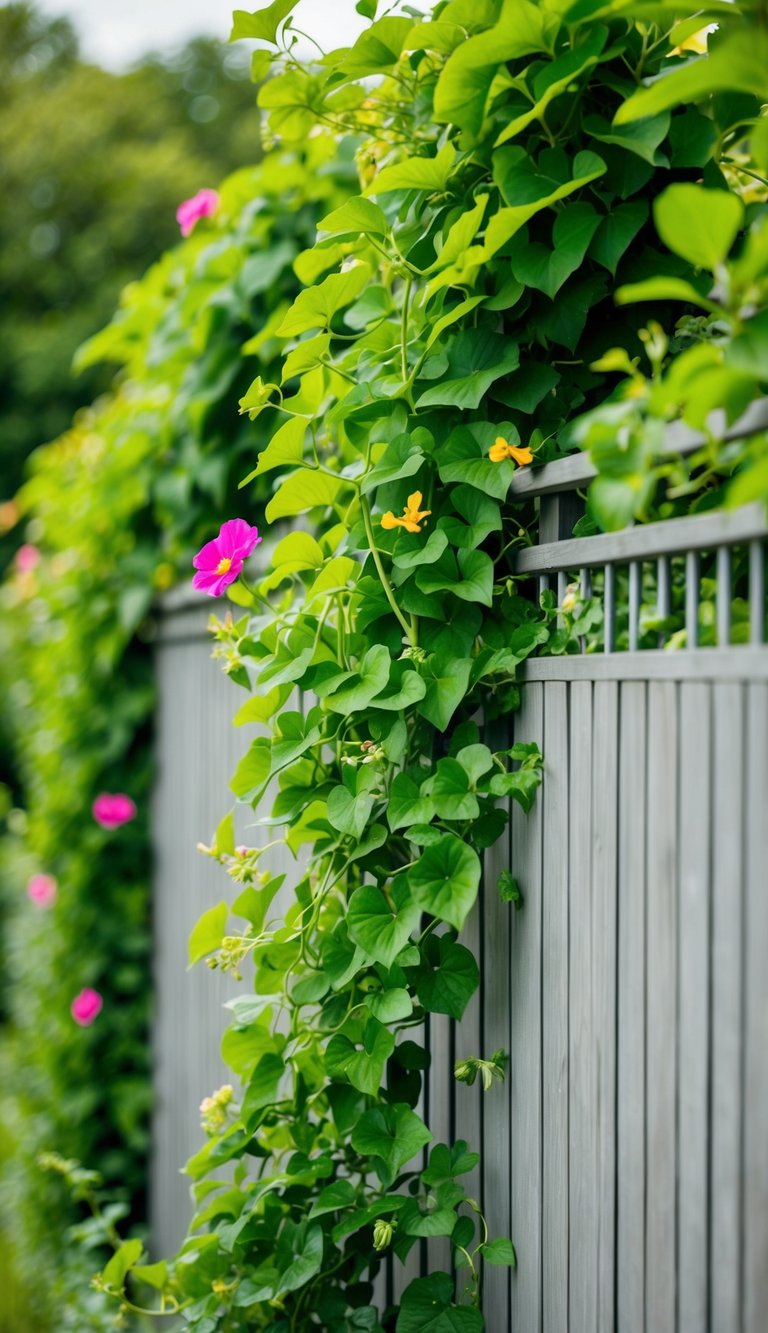 Lush green vines climb up the fence, creating a stunning vertical garden. Bright flowers peek out from the foliage, adding pops of color to the landscape