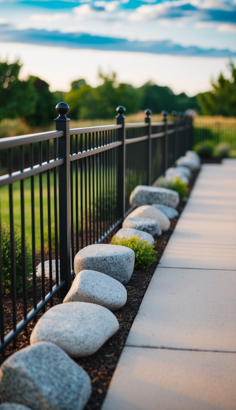 Decorative stones line the fence, creating a serene and polished landscaping design